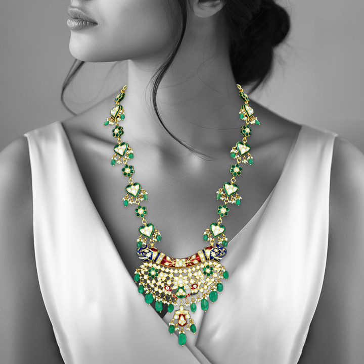 Polki Pendant Necklace with Red-Green Meenakari and Emeralds